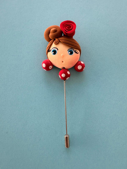 Alfiler de flamenca castaño y rojo, hecho a mano
